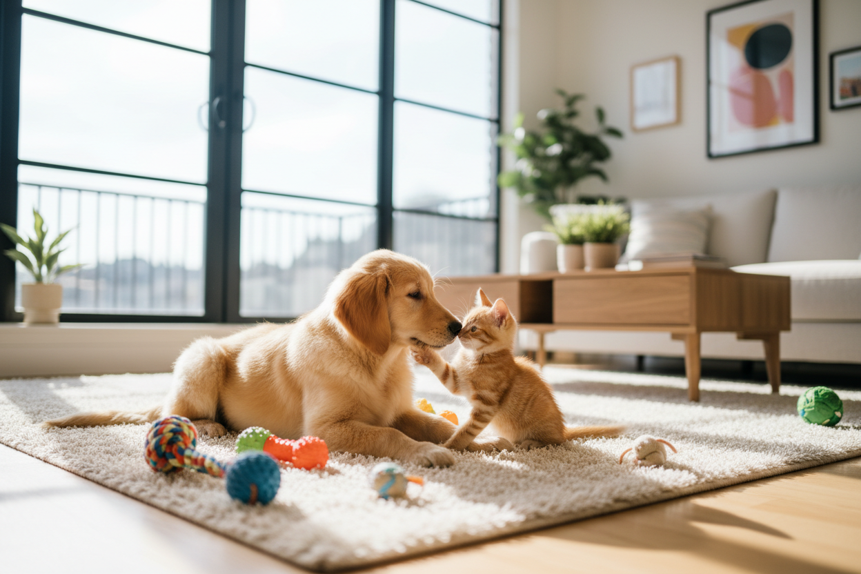 Puppy and kitten sitting on a rug in a bright modern living room
